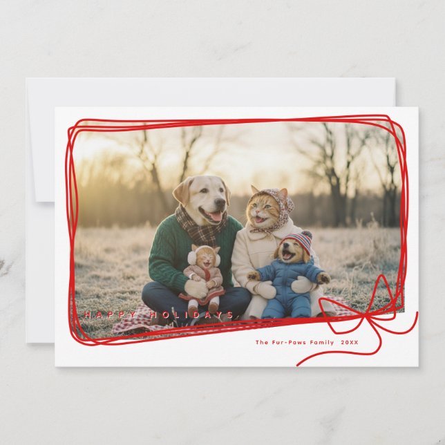Cartão Whimsical Red Ribbon Frame Holiday Photo (Frente)