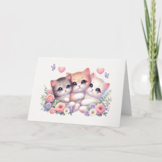 Cartão Whimsical Three-Kitten Pastel Floral Blank