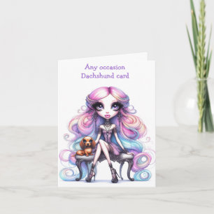 Cartão Whimsical Wide Eye Girl and Dachshund Card