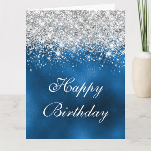 Cartão Whimsy Faux Royal Blue Silver Glitter Aniversário