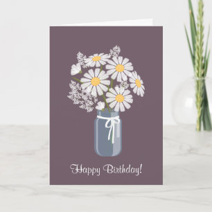Cartão White Daisies Mason Jar Buquê Feliz Aniversário
