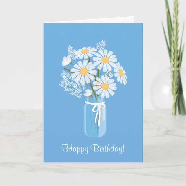 Cartão White Daisies Mason Jar no Blue Happy Birday (Frente)