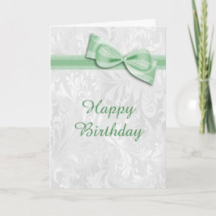 Cartão White Damask & Green Faux Bow Female Birthday