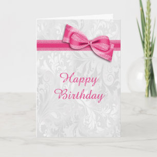 Cartão White Damask & Hot Pink Faux Bow Female Birthday