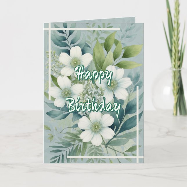 Cartão White Flowers on Green Leaves Background Birthday (Frente)