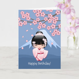 Cartão White Kimono Kokeshi Doll - Cute Geisha Birthday