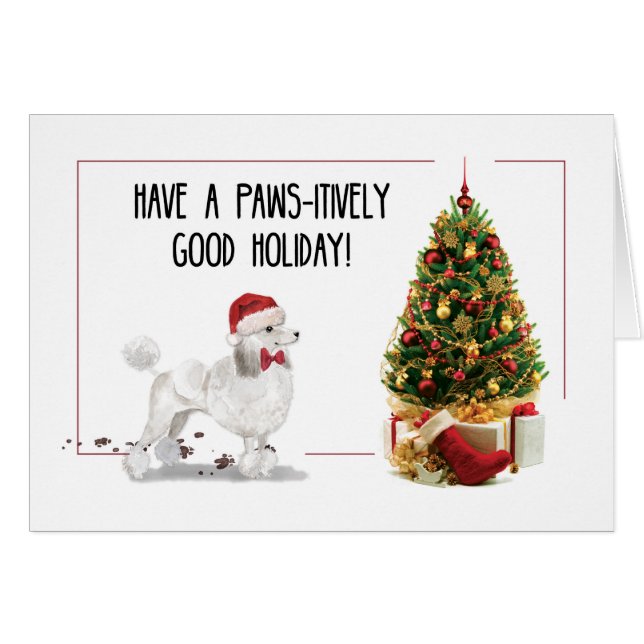 Cartão White Poodle Engraçado Cachorro de Natal com Árvor (Frente Horizontal)