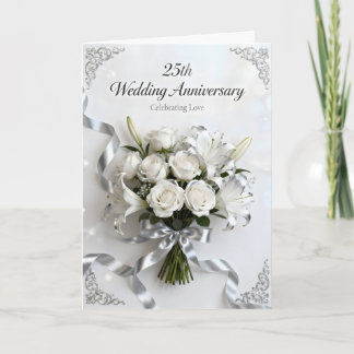 Cartão White Roses and Silver Ribbon 25th Anniversary
