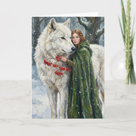 Cartão White Wolf Redhead Druid Winter Berries Fantasy Ar