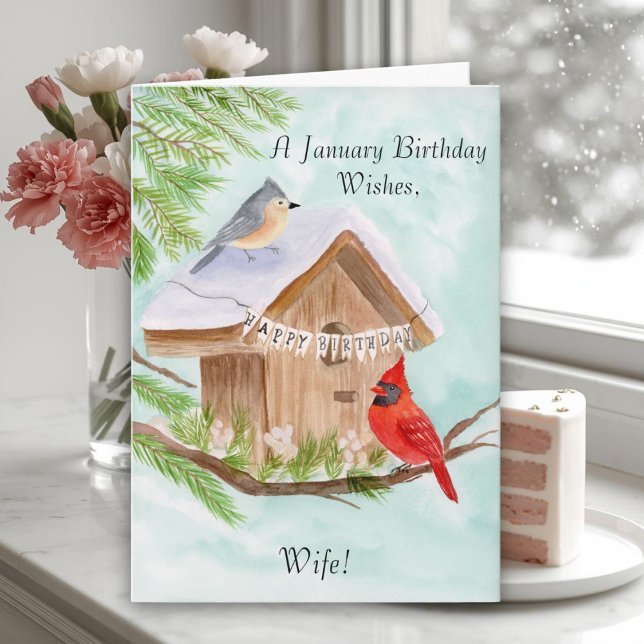 Cartão Wife Happy January Birthday Birds (Criador carregado)