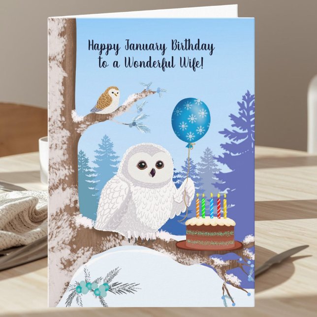 Cartão Wife Happy January Birthday Snowy Owl (Criador carregado)