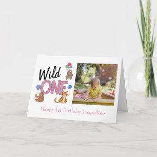 Cartão Wild One Girl First Birthday Jungle Animal Foto