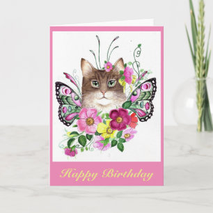 Cartão Wild rose fairy kitty birthday card