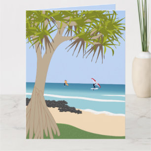 Cartão Wing Foil Surfers Pandanus Tree na Praia