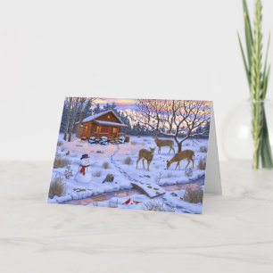Cartão Winter Cabin Deer In Snow Christmas Scene