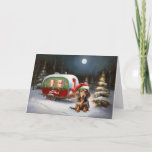 Cartão Winter Dachshund Caravan Christmas Adventure<br><div class="desc">Adotar a magia de uma noite de inverno nevada enquanto uma caravana desliza graciosamente através da paisagem iluminada pela lua. A beleza serena da neve escutadora e o brilho encantador da lua criam uma cena cativante,  prometendo uma aventura inesquecível de Natal cheia de calor,  alegria e memórias queridas.</div>