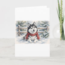 Winter Husky Gift Watercolor Snowy Red Scarf Art