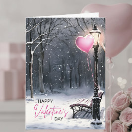 Cartão Winter Scene–Pink Hearts Happy Valentine's Day