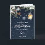 Cartão Winter Snowy Night Son Felry Christmas<br><div class="desc">Feliz Natal para um cartão de filho com folhagem de inverno rústica e um fundo de neve rural.</div>