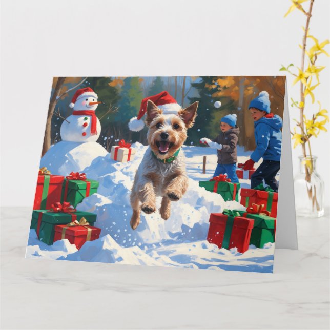 Cartão Wire Fox Terrier Correndo na Neve com Chapéu de Na (Flor Amarela)