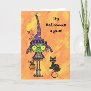 Cartão Witch and Black Cat Halloween Card