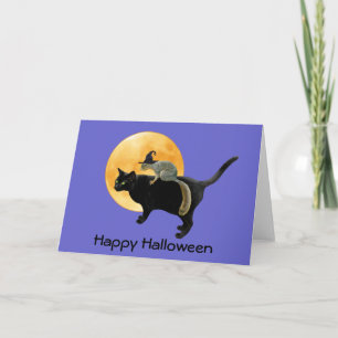 Cartão Witch Squirrel on Cat Halloween Card