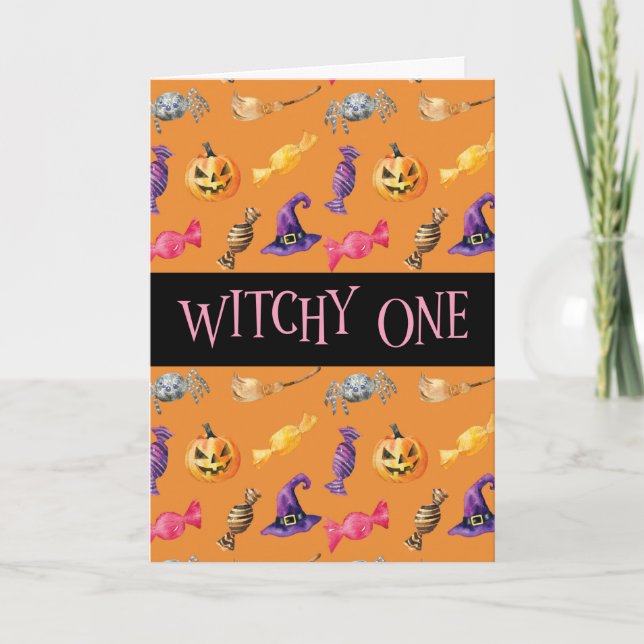 Cartão "Witchy One" - Padrão Laranja do Dia das Bruxas (Frente)