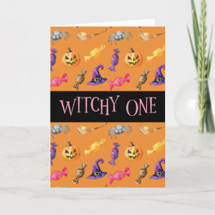 Cartão "Witchy One" - Padrão Laranja do Dia das Bruxas