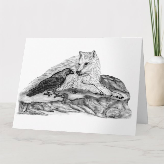 Cartão Wolf e Raven design preto e branco (Frente)