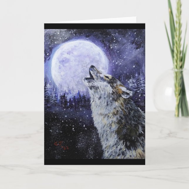 Cartão Wolf Howl and Moon Winter (Frente)