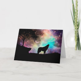 Cartão Wolf Howling Silhouette com Luzes De Norte