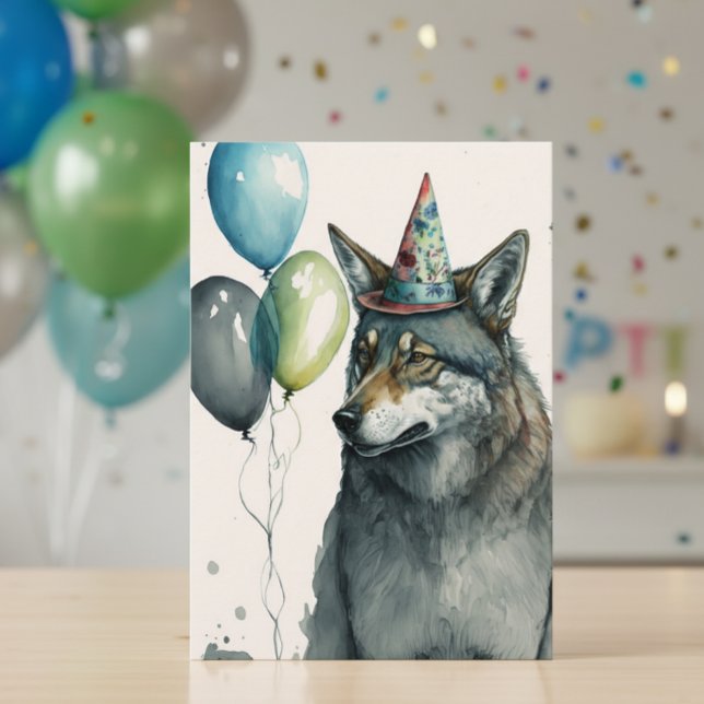 Cartão Wolf Watercolor com Balões - Aniversário (Criador carregado)
