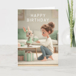 Cartão Woman & Baby Bunny in Mint Green Dress Birthday