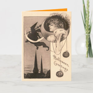 Cartão Woman Witch Crescent Moon Jack O' Lantern