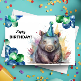 Cartão Wombat com Balões e Partido Hábito Feliz Aniversár