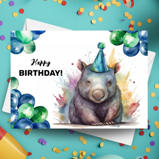 Cartão Wombat com Balões e Partido Hábito Feliz Aniversár (Criador carregado)