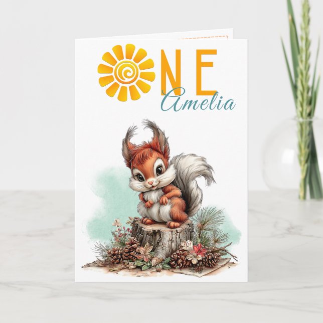 Cartão Woodland Forest Squirrel First Birthday Card (Frente)