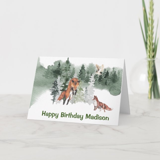 Cartão Woodland Fox Watercolor Personalizada Birthday (Frente)