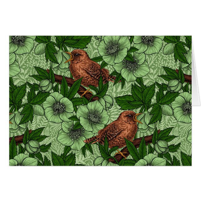 Cartão Wren e hellebord, verde-claro (Frente Horizontal)