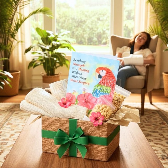 Cartão Wrist Surgery Healing Scarlet Macaws, Hibiscus (Criador carregado)