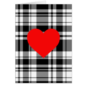 Cartão Xadrez de tartã branca preta com detalhes de coraç