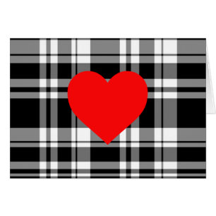 Cartão Xadrez de tartã branca preta com detalhes de coraç