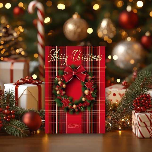 Cartão Xadrez Vermelha Clássica Frota de Natal Dobrada (Beautiful Classic Red Christmas Wreath Tartan Christmas Greeting Card )