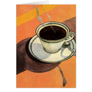 Cartão Xícara de café antiga, pires, colher, lanchonete r