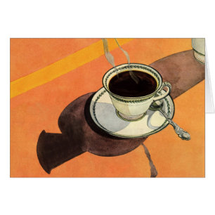 Cartão Xícara de café antiga, pires, colher, lanchonete r