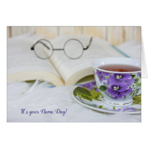 Cartão xícara de chá com pelo para o Dia do Nome