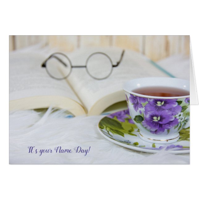 Cartão xícara de chá com pelo para o Dia do Nome (Frente Horizontal)