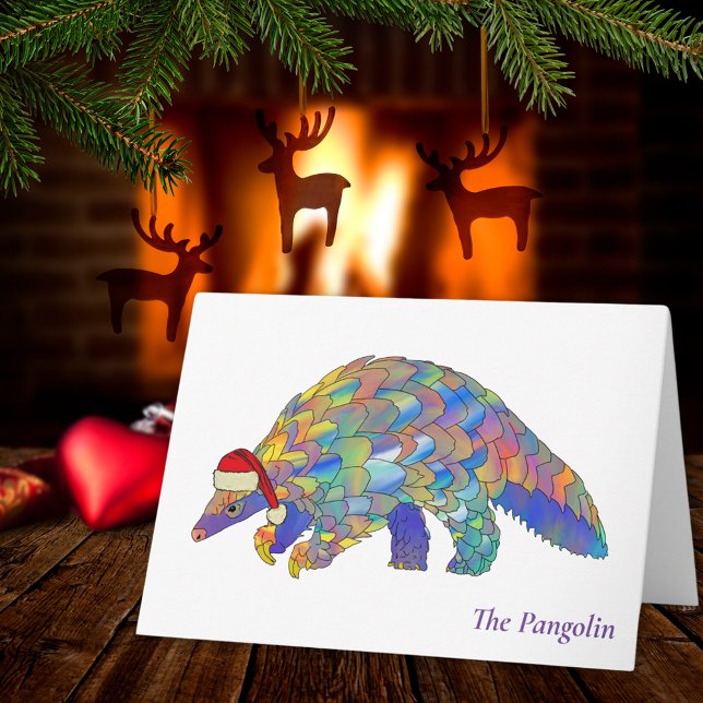 Cartão Xmas Pangolin Espécies Selvagens Ameaçadas de Exti (Christmas pangolin cute colorful animal art holiday greetings card)