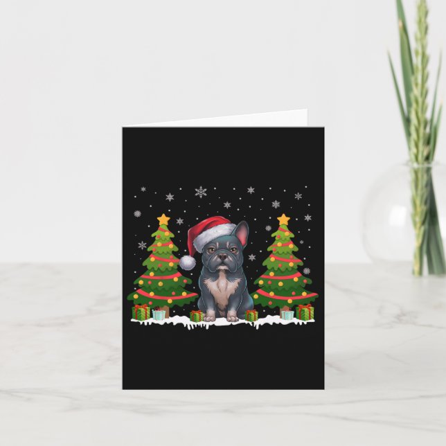 Cartão Xmas Tree Lights Frenchie Dog Santa Hat Natal (Frente)