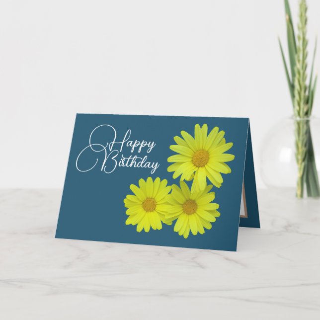 Cartão Yellow Daisies Blue Background Happy Birthday (Frente)